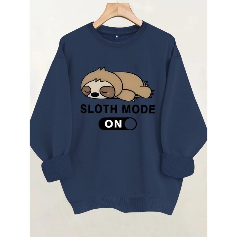 Cozy Fleece Sweatshirt With Cartoon Sloth Print Long Sleeve Hoodless Pullover Graduation Back To School