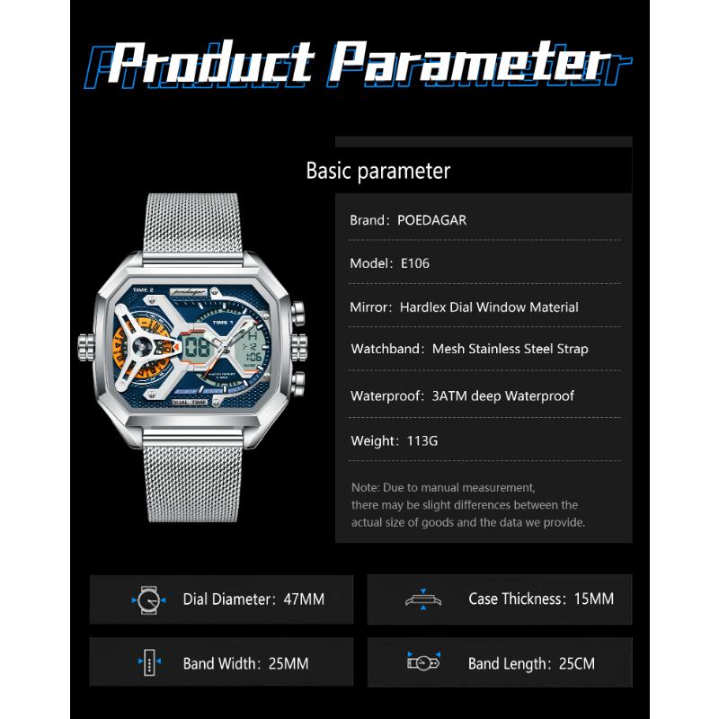 POEDAGAR Новые Роскошные Мужские Часы с Двойным Дисплеем, Дата, День Недели, Люминесцентные Светодиодные Мужские Часы, Сетчатый Ремешок, Электронные Спортивные Мужские Кварцевые Часы