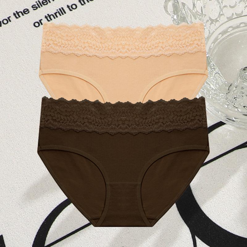 FINETOO 2Pcs Women Cotton Seamless Underwear Sexy Lace Waist Patchwork Panties Female Solid Briefs Plus Size Breathable Lingerie