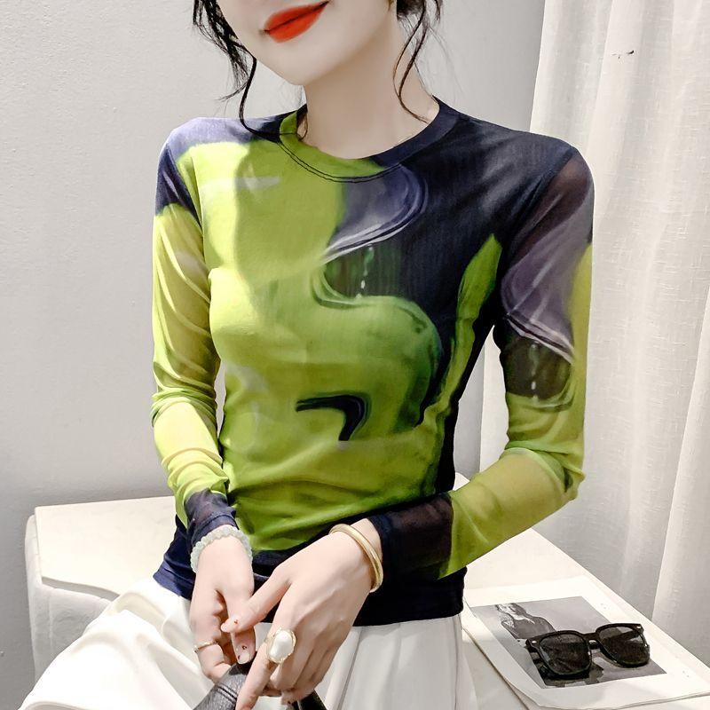 Женская осенняя одежда с длинным рукавом, сетчатые топы, футболка с принтом и цветными вставками, модная осенняя одежда, базовая рубашка