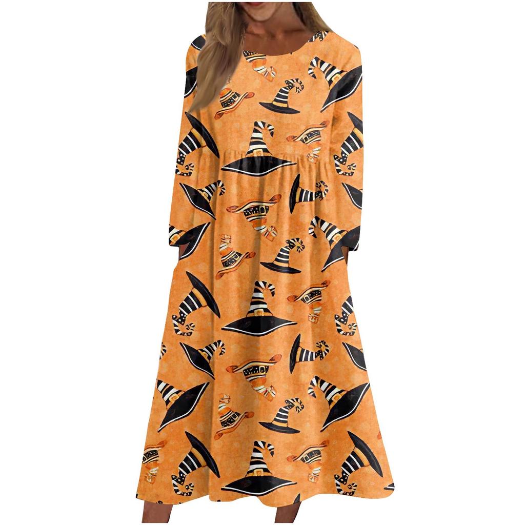 Women's Casual Crew-neck Halloween Print Mid-length Dress Long-sleeved Dress With Pocket