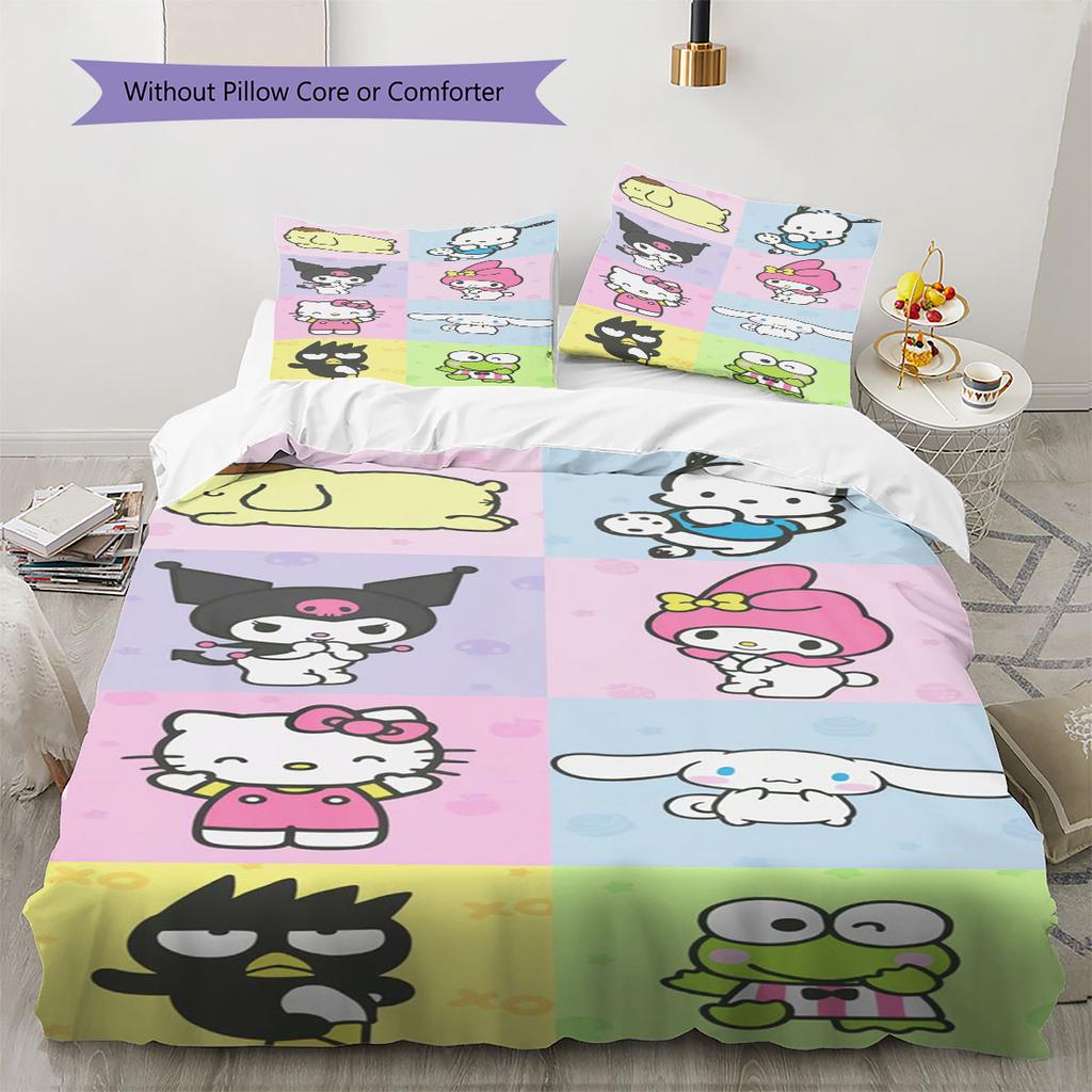 Hello Kitty, Kuromi and Their Friends Printed Pattern Bedroom Three-Piece Duvet Cover Bedding Set(Without Core)
