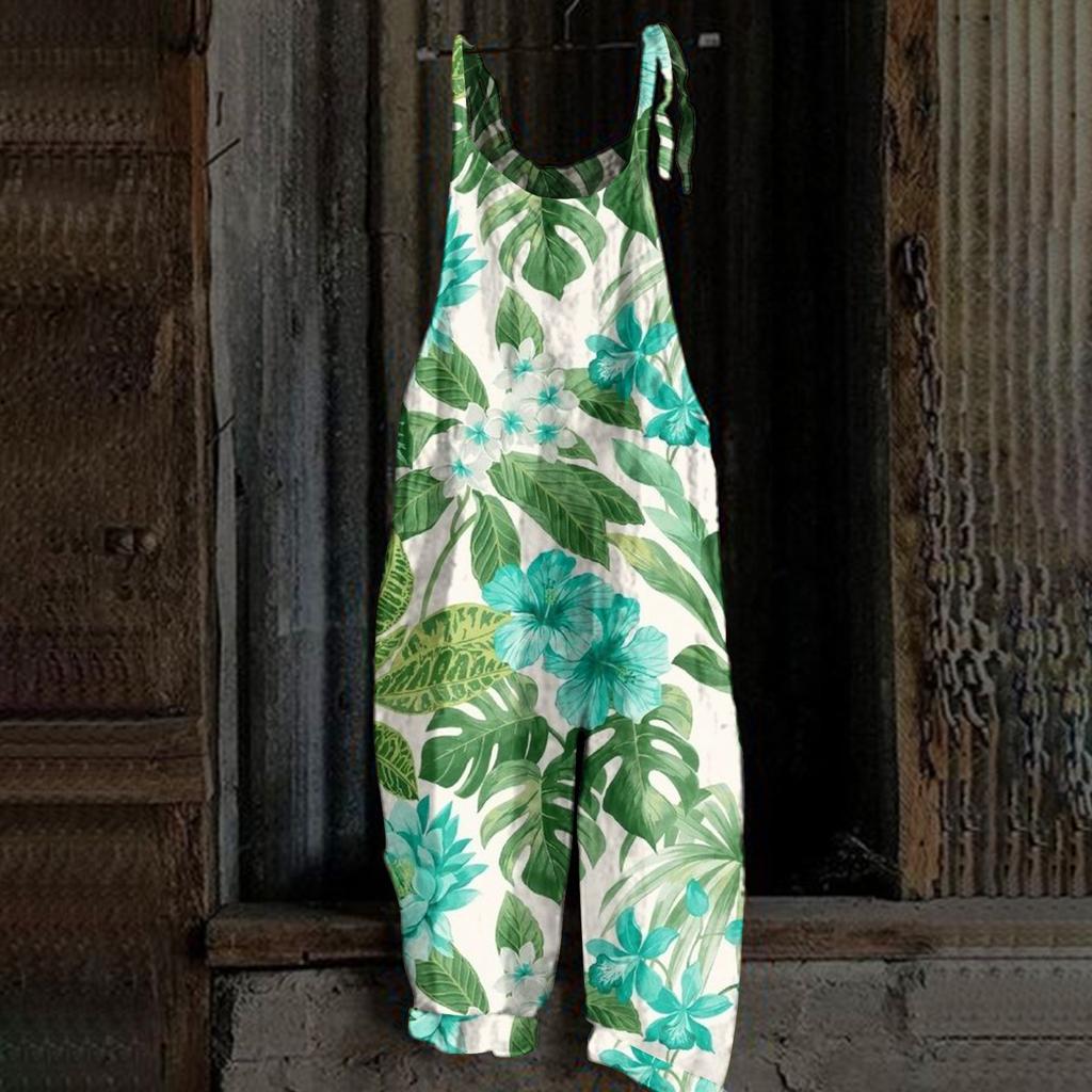 Женский комбинезон с принтом, повседневный, свободный, винтажный, с бретельками, из хлопка и льна