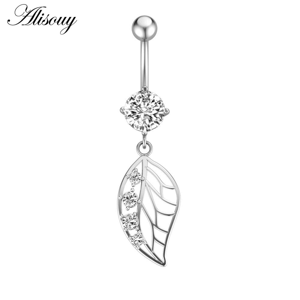 Alisouy 1pc Surgical Steel Crystal Zircon Flower Heart Leaf Bow-knot Dangle Button Navel Piercing Ring Belly Ring Body Jewelry