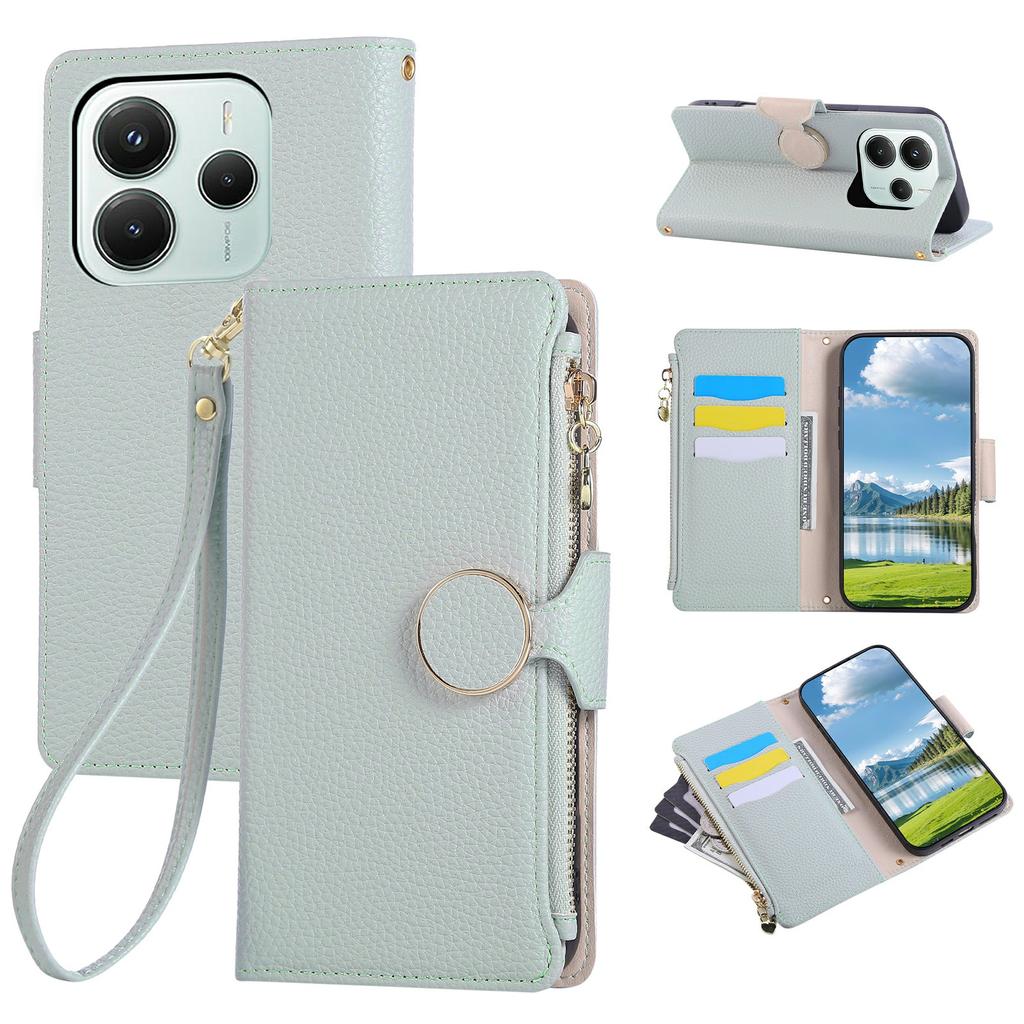 For Xiaomi Redmi Note 14 4G (163.25mm) Case Zipper Wallet Leather Phone Cover with Wrist Strap