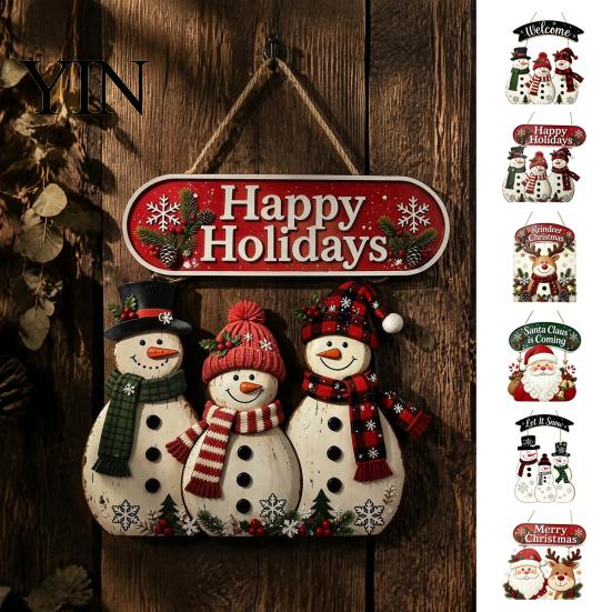 Vintage Style Seasonal Home Accents Christmas Wooden Hanging Sign, Rustic Holiday Wall Decor with Santa Claus Door Hanger Reindeer And Snowman
