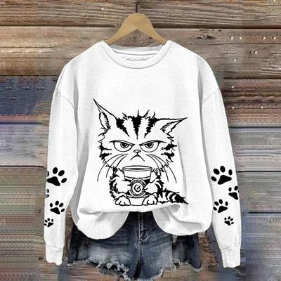 Модные женские повседневные с длинным рукавом и круглым вырезом, симпатичные кошачьи топы, кошачий принт, свитера с животными, одежда для девочек Kawaii, топы