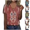 Women's Summer Fashion V Neck Print Hollow Short Sleeve Button T-Shirt Top