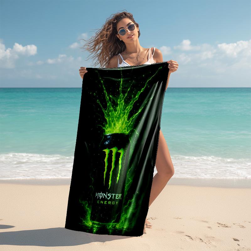 Пляжное полотенце с рисунком логотипа Monster Energy - мягкое, впитывающее, быстросохнущее, можно стирать в машине - идеально для плавания, кемпинга, купания