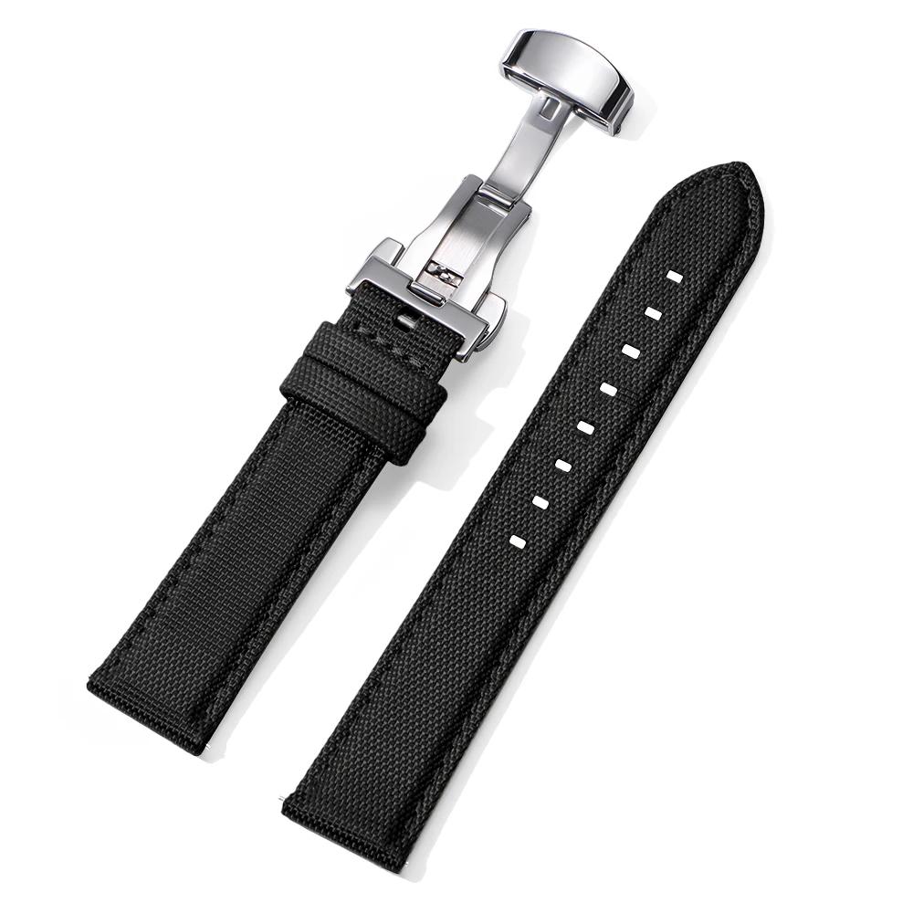 20MM 22MM Waterproof Sailcloth Watch Strap Nylon+Leather Watchband Butterfly Buckle Band Men Quick Release Sport Watch Bracelet