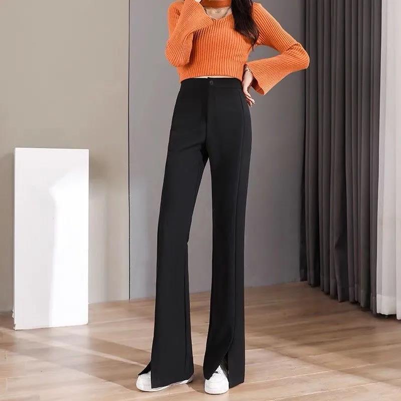 2026 Women's High-Waisted Flowing Black Micro-Flare Wide-Leg Trousers with Slit