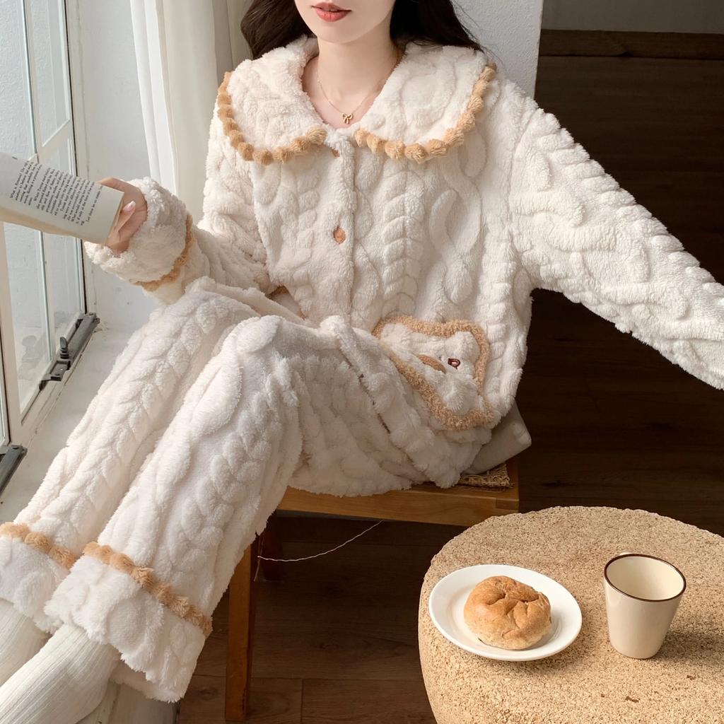 Пижама женская зимняя толстая коралловая бархатная сладкая и милая пшеничная кукольная воротник принцесса ветер кардиган стиль домашняя одежда которую можно носить