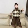 Girls' Korean-Style Fleece-Lined Autumn/Winter 3-Piece Set: Fragrance Wind Coat, Sweater, Wide-Leg Pants.
