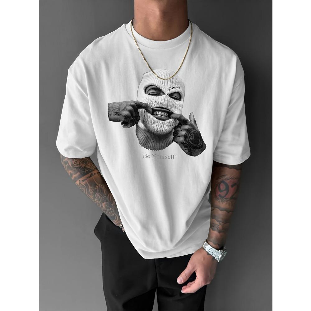 Black and White Portrait Print Short-sleeved T-shirt, Unisex, Street Style, Loose and Casual, Round Neck, Versatile Summer Top