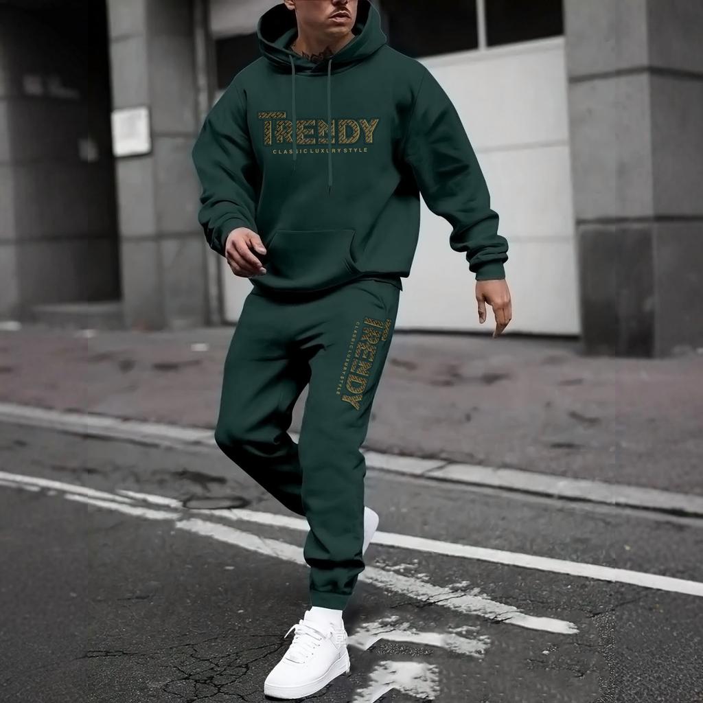 Men's Casual Solid Color Letter-printed Sweatshirt Set, Men's Fleece Hooded Drawstring Sweatshirt And Sweatpants Two-piece Set