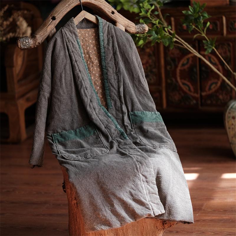 Johnature Women Vintage Cotton Linen Parkas Patchwork Pockets Loose Winter Coats Long Sleeve Plus Cotton Long Parkas