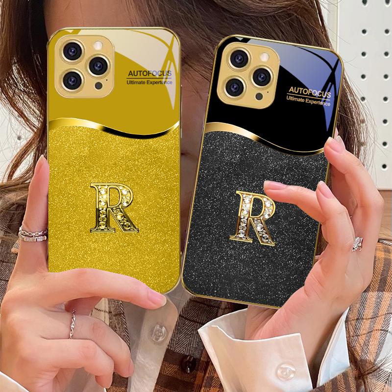 Золотистая окантовка буква R Для iPhone 16 16Pro Max 15 P ro 14 13 Plus 12 Mini 11Pro Max XS Max XR Золотистый чехол для телефона из закаленного стекла