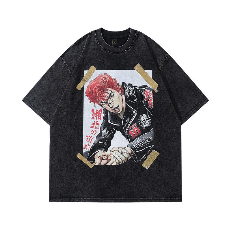 Summer Japanese Animation Cartoon Printing Heavy Old Short-Sleeved T-Shirt Men And Women Hip-Hop Couple Half-Sleeved Tee Shirt