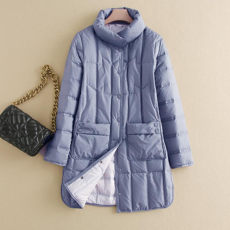Winter new rubber down jacket women's light medium and long stand-up collar fashion hem split white duck down jacket