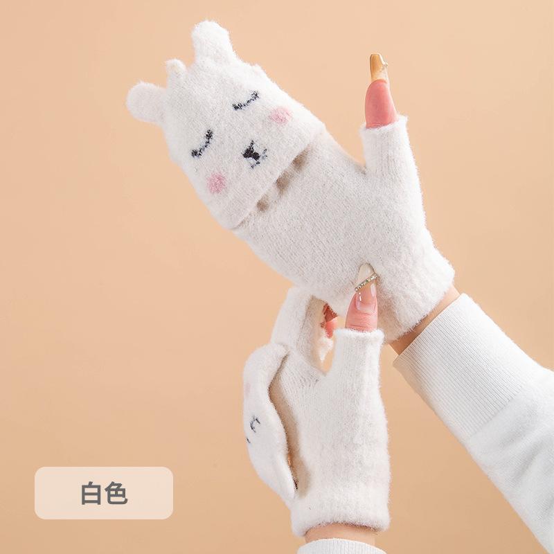 Women's Half-finger Gloves Winter Cold Protection Warm Velvet Cute Cartoon Rabbit Finger Knitted Wool Gloves