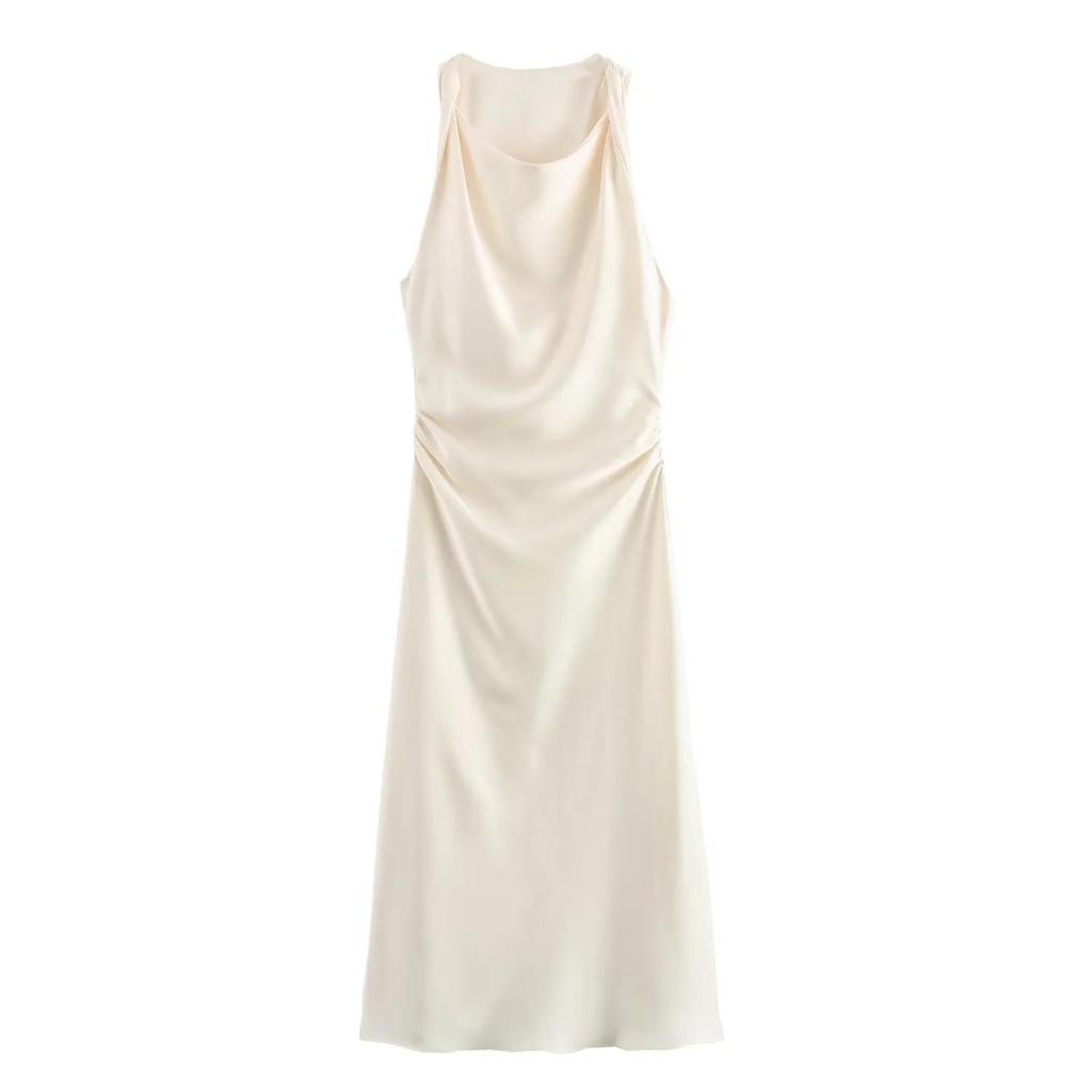 Европейское и американское женское атласное платье миди с драпировкой на талии и вырезом-капюшоном.