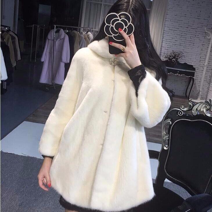 Winter All-match Warmth and Cotton Thick Imitation Mink Fur Coat Mink Fur Coat Women's Mid-length Hooded Waist Big Swing Fur Trench Coat