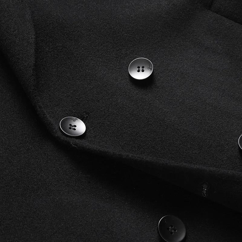 Men's Double-Sided Wool Trench, Black Woollen Outerwear, Long Overcoat, Double Breasted, Thick Black, Autumn, Winter