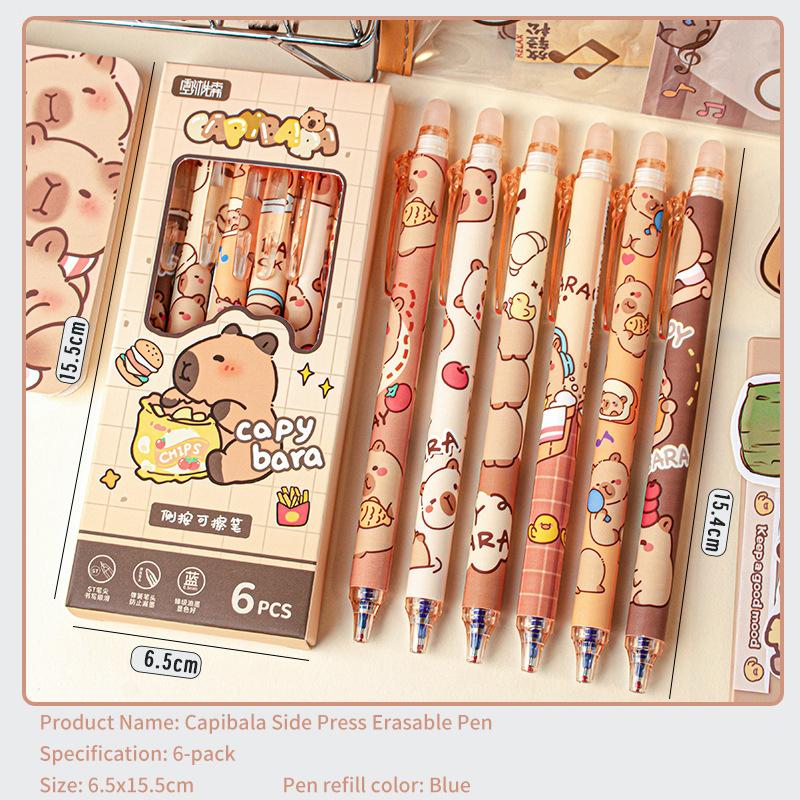 Набор из 6 ручек Kawaii Capybara Gel Pen, быстросохнущие черные и синие чернила, симпатичные гелевые ручки Press, эстетичные канцелярские принадлежности для школы и офиса