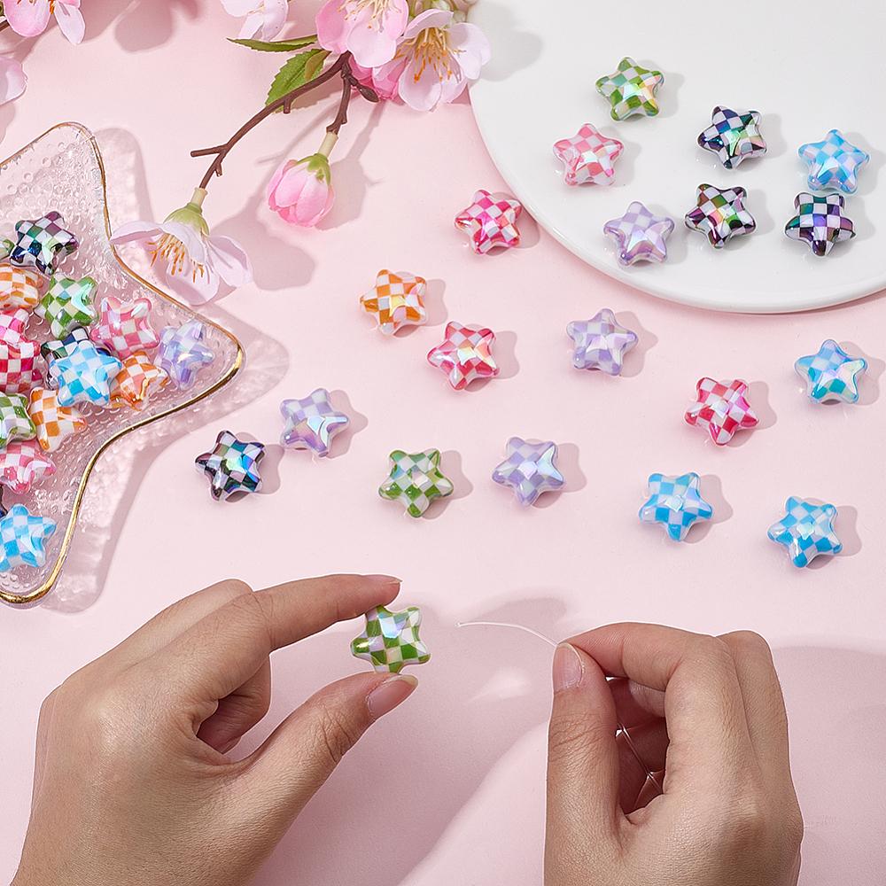 50Pcs UV Plating Opaque Acrylic Beads Iridescent Star with Check Pattern Mixed Color 20.5~21x22x10.5mm Hole: 2.8mm