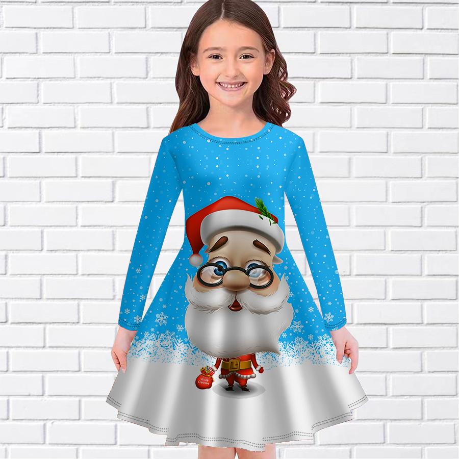 Повседневное платье для девочек с принтом Санта-Клауса и круглым вырезом, с длинными рукавами, детское платье принцессы