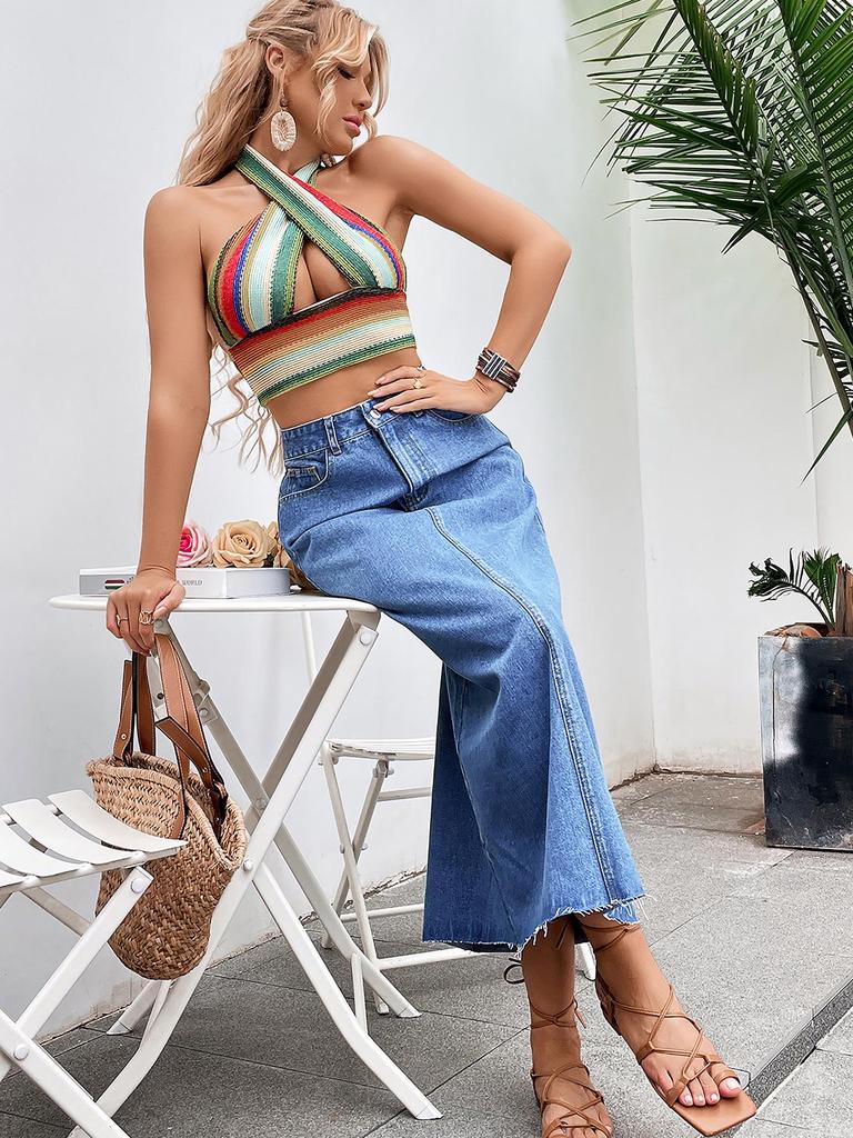 Зарубежная женская европейская и американская повседневная джинсовая миди-юбка А-силуэта с высокой талией