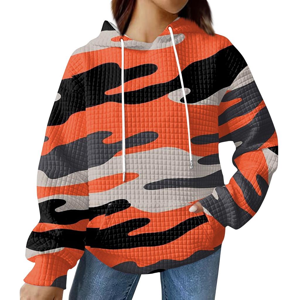 Women's Fashionable Loose Fitting Hooded Pullover, Long Sleeved Sportswear, Camouflage Printed Top, Daily Hoodie
