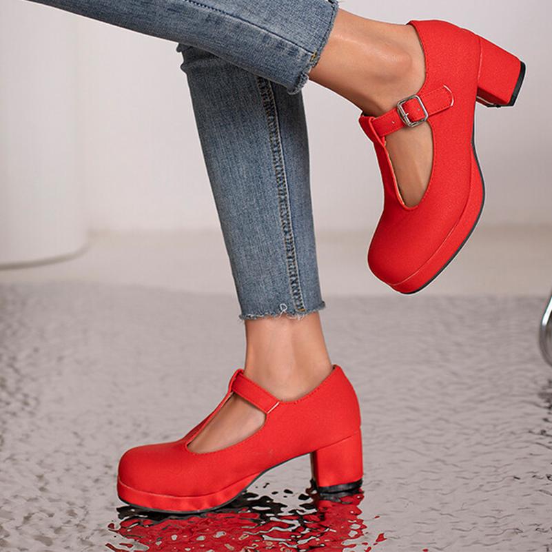 Женские туфли-лодочки на толстом высоком каблуке с круглым носком и Т-образной завязкой с пряжкой для вечеринки, лаконичная модная весенне-осенняя обувь, белый, синий, зеленый, фиолетовый