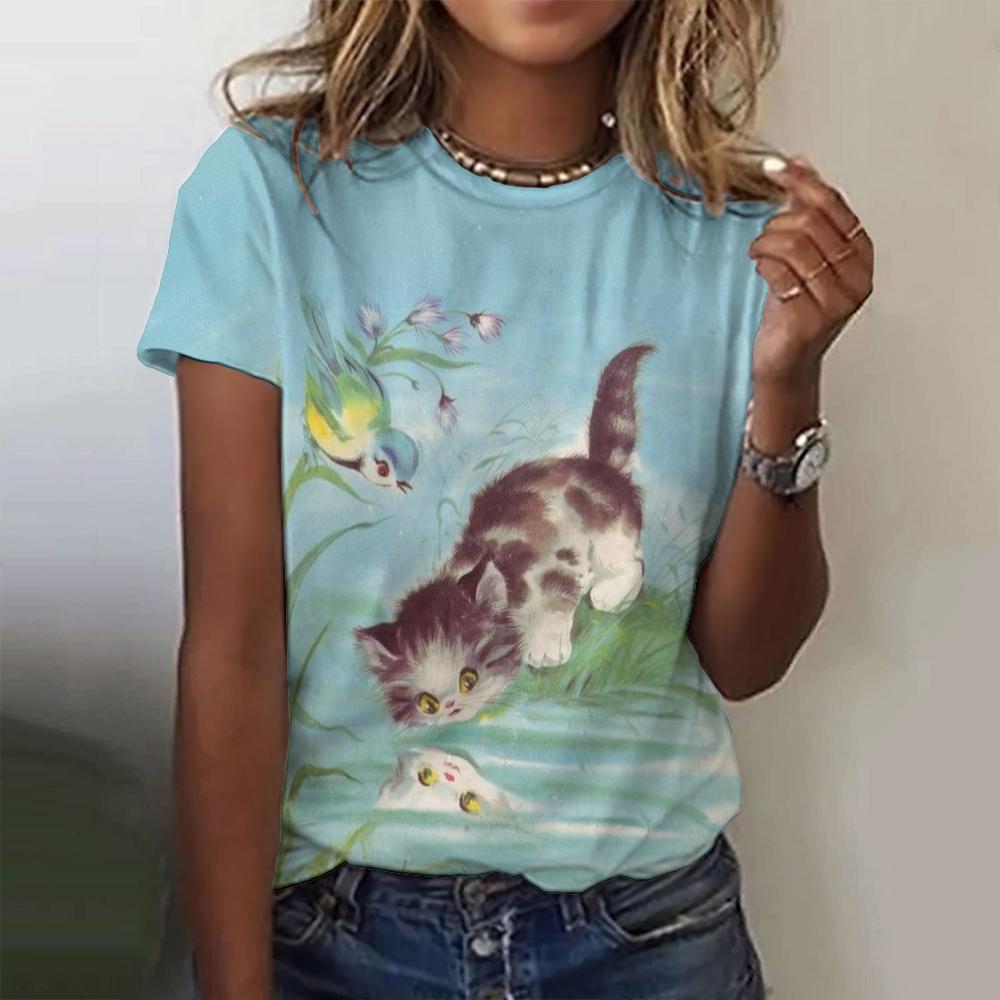 Летние футболки с 3D-принтом животных, собак и кошек, женская уличная одежда, повседневная мода 2000 года, футболки с коротким рукавом, футболки с круглым вырезом, топы, одежда