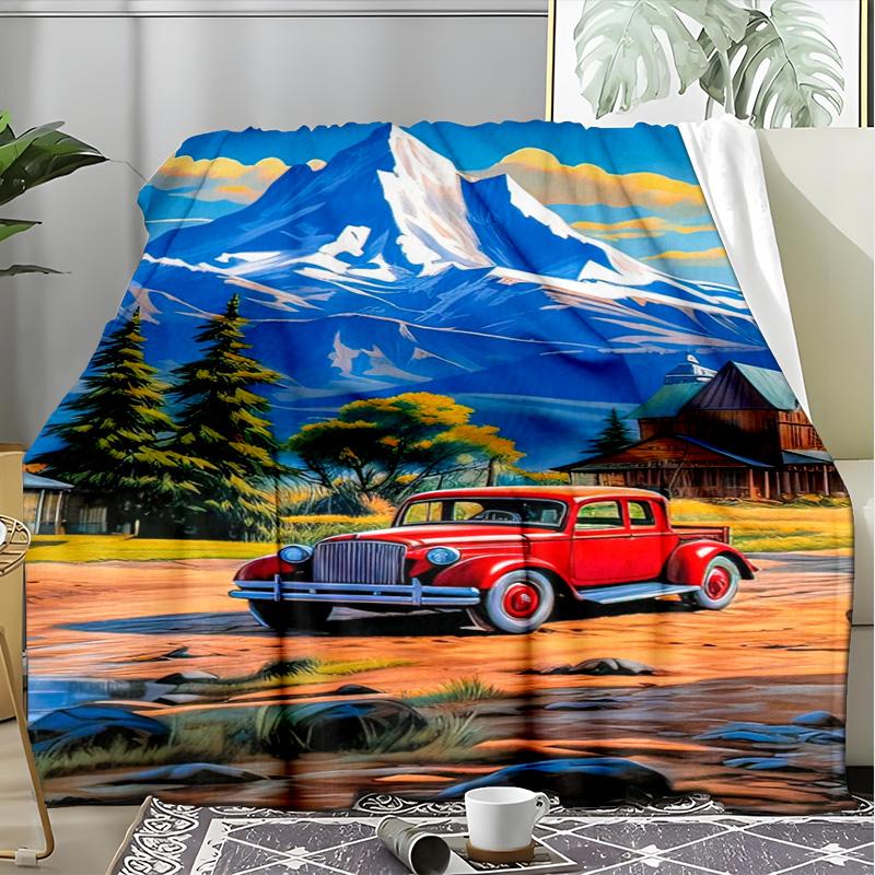 Retro Pickup Truck Sunset Palm Tree Flannel Fleece Blanket, Soft Warm Throw Blanket for Home, Car Fan Gift