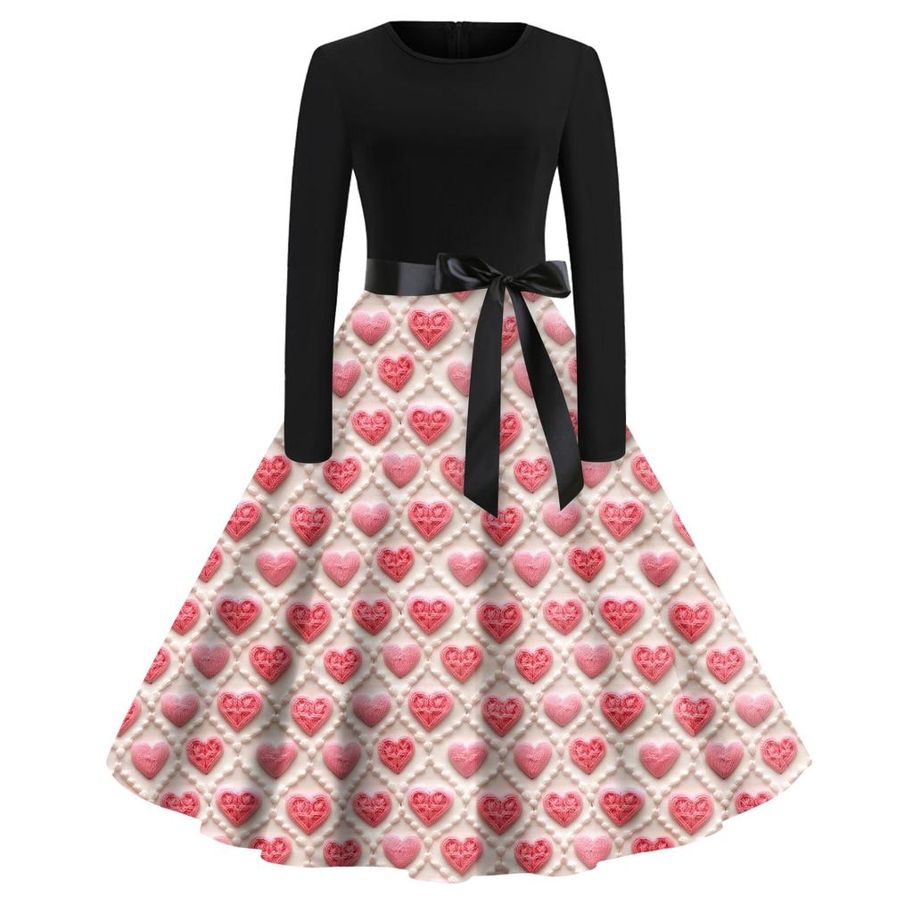 Women's Fashion Round Neck Casual Slim Valentine's Day Printed Long Sleeve Dresses