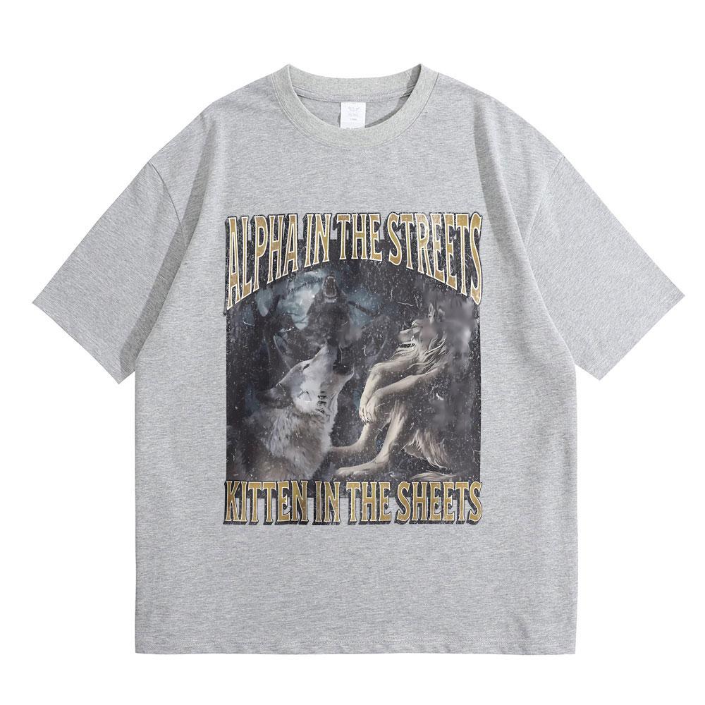Альфа на улице, котенок в постели, смешная футболка с мемом про оборотня, мужская, женская, повседневная, оверсайз, уличная одежда, мужская модная футболка