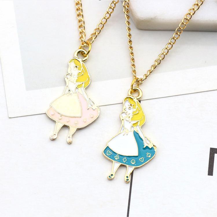 Cute Alloy Cartoon Alice Necklace Creative Colorful Clock Pendant Gifts for Female