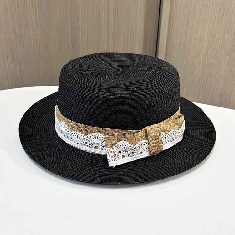 Summer French flat-top straw hat, lace bow, small edge sunscreen hat, fashionable retro seaside vacation sunshade hat