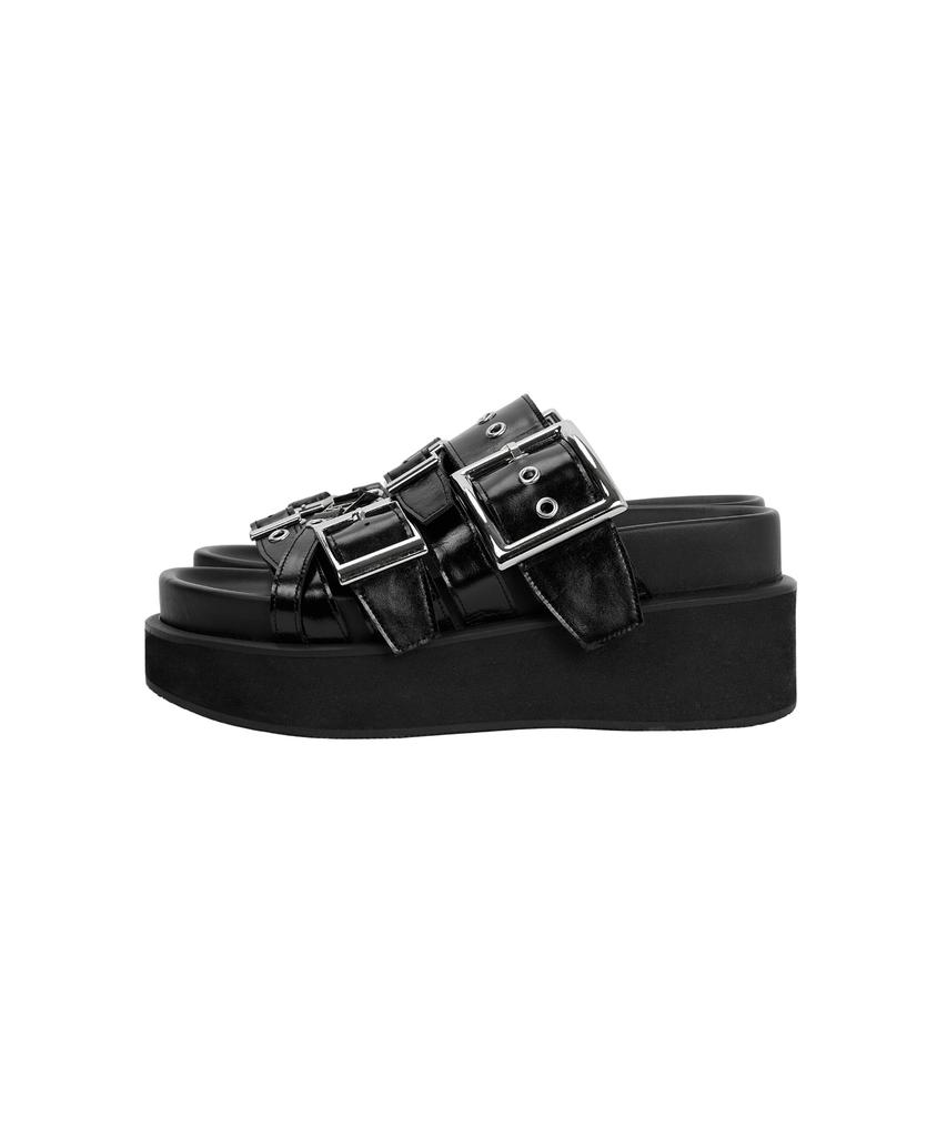 Treemingbird Bold Buckle Flatform Slides [ Black ]