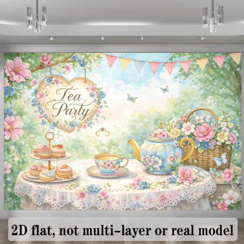 2D Vintage Tea Party Banner, Watercolor Garden Floral Tea Cup Photo Booth Background