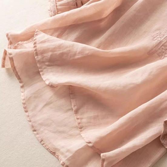 Women's Cotton Linen Embroidery Shirts Hollow Out Shirt with Half Sleeves Vintage Casual Summer Blouse for