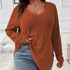 GMXIA Women's Fashion Casual Solid Color Print Autumn Winter Long Sleeve V-Neck Loose Frosted T-shirt with Pit Stripes Sweaters