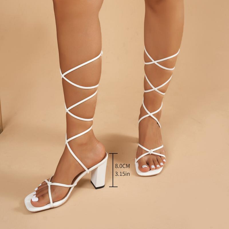 Модные Сексуальные Однотонные Белые Босоножки с Узкими Ремешками Женские 2025 Лето Квадратный Носок Босоножки с Перекрестными Ремешками Модные Туфли для Вечеринки на Супер Высоком Каблуке