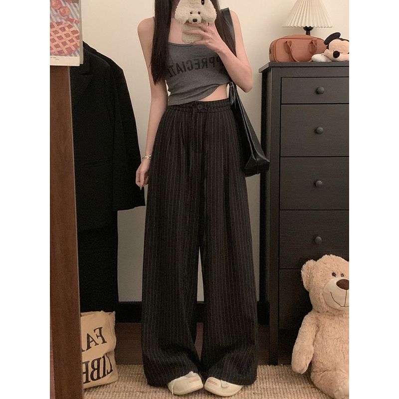 Kumikumi Stylish Drawstring Suit Pants Casual Pants Women Fall Striped Wide-Leg Pants Draping Mopping Pants Pants