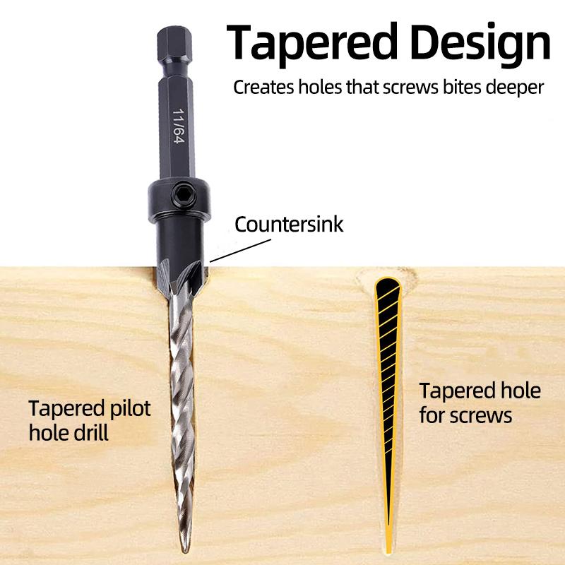 Набор сверл с конической зенковкой из быстрорежущей стали, набор сверл с шестигранным хвостовиком 1/4 дюйма, столярная развертка с шестигранным хвостовиком, стопорные втулки, сверло для винтовых отверстий, фаска, деревообрабатывающие инструменты