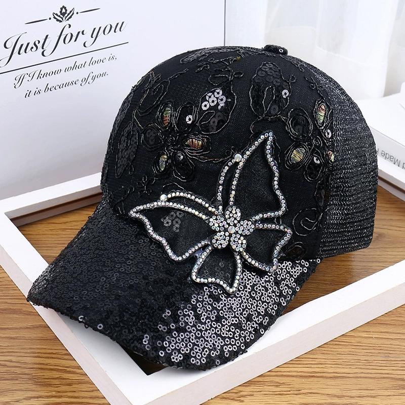 Women's Black Rhinestone Butterfly Decorated Ball Cap Adjustable Breathable Mesh Spring Summer Autumn Hat