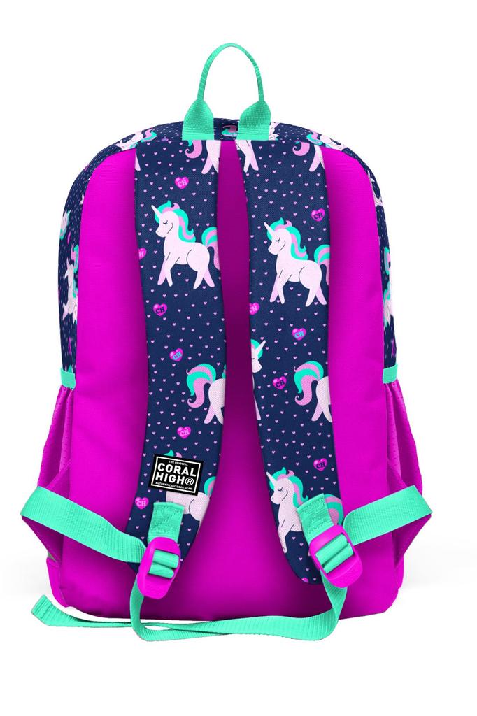 Школьный рюкзак с четырьмя отделениями Coral High Kids, темно-синий, розовый, с рисунком единорога, 23467