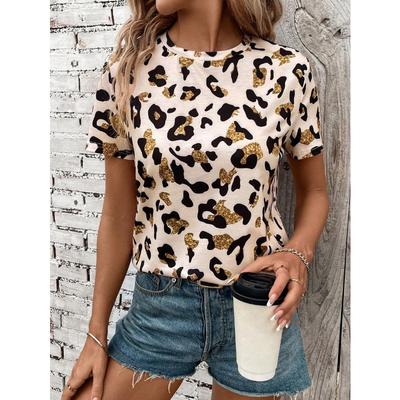 Летняя леопардовая футболка женская с V-образным вырезом повседневная с коротким рукавом модная леопардовая одежда свободного покроя для женщин
