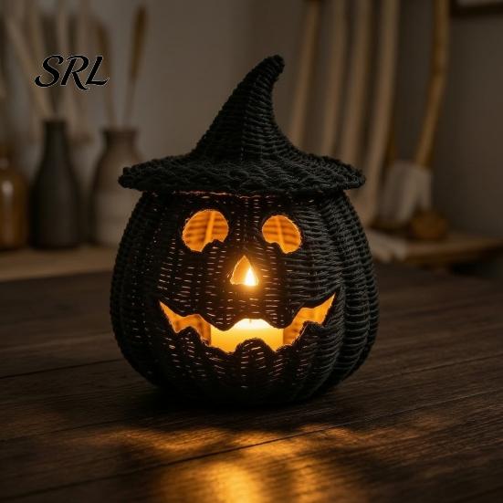 Hand Woven Seagrass Decor Handwoven Pumpkin Basket with Witch Hat Lid, Rustic Wicker Trick Autumn Indoor Decoration or Treat Bucket for Outdoor
